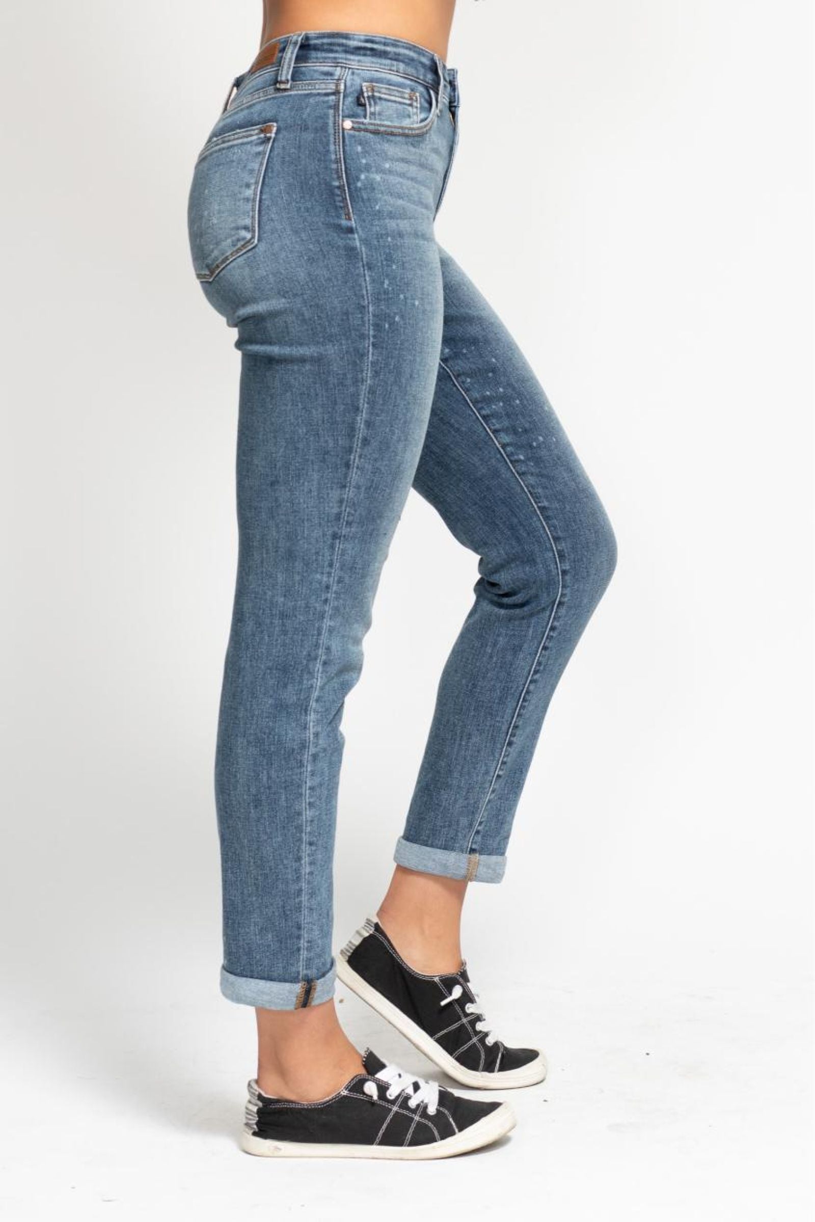 Destin Dark Wash High Rise Bleach Splash Boyfriend Jeans