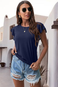 Ruffled Round Neck Cap Sleeve Blouse