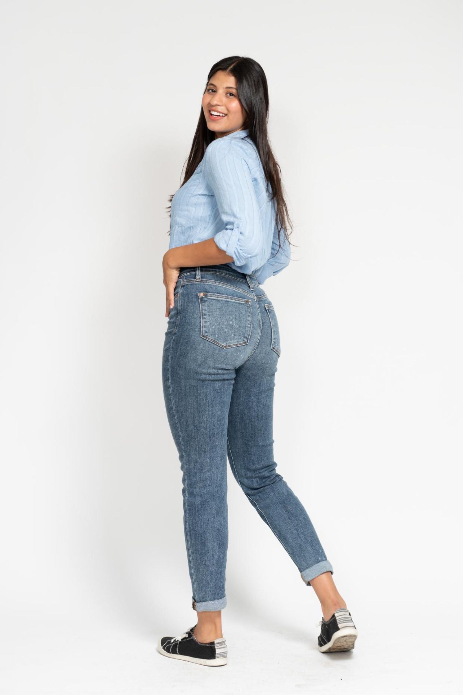 Destin Dark Wash High Rise Bleach Splash Boyfriend Jeans