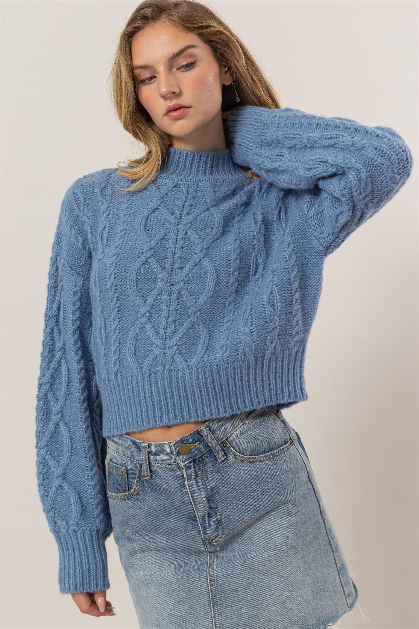 Cable-Knit Mock Neck Dropped Shoulder Sweater