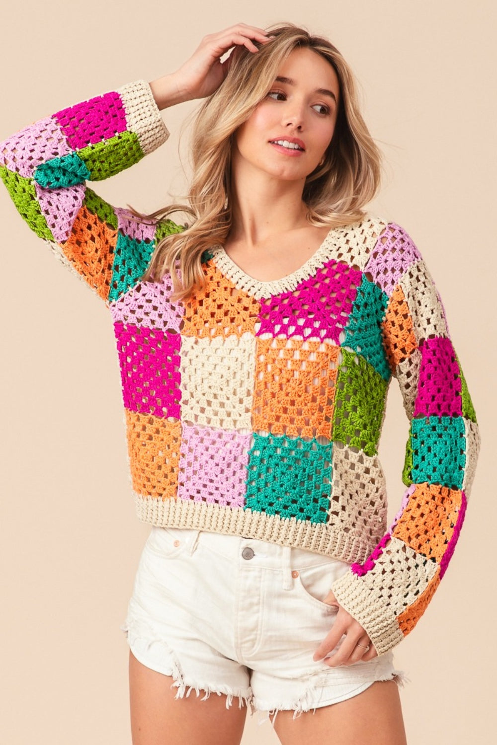 Multi Color Checkered Long Sleeve Knit Top