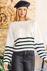 Ivory & Black Viscose Striped Cropped Sweater