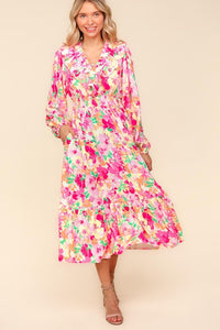 Floral Surplice Balloon Sleeve Dress with Side Pockets