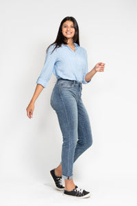 Destin Dark Wash High Rise Bleach Splash Boyfriend Jeans