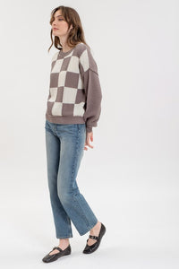 Warm Grey Checkered Crochet Sweater