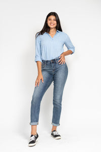 Destin Dark Wash High Rise Bleach Splash Boyfriend Jeans