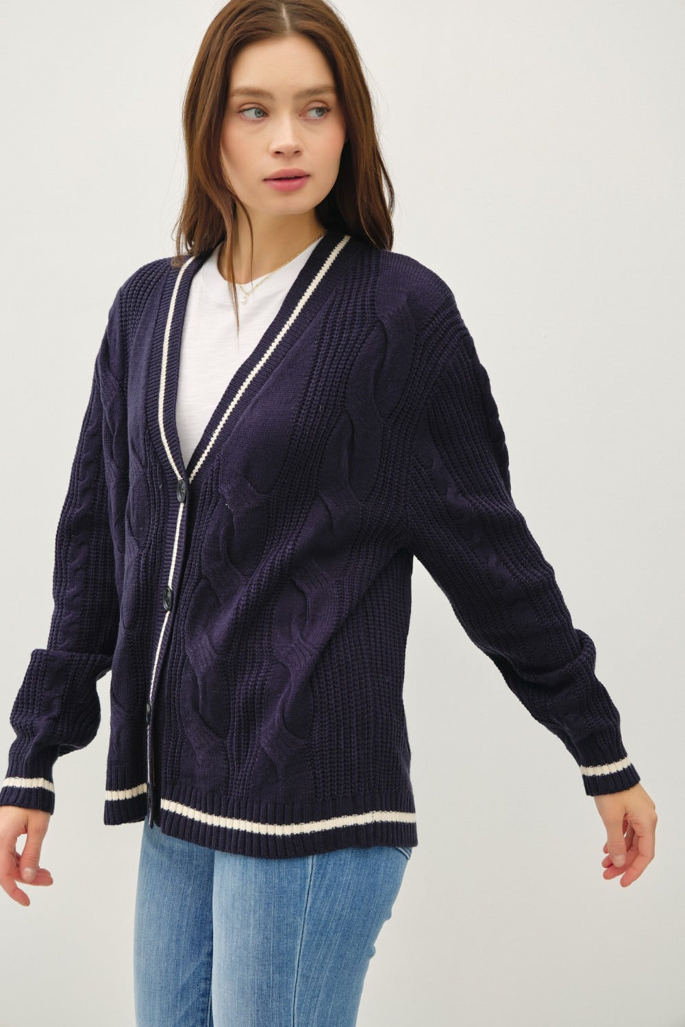 Contrast Trim Cable-Knit V-Neck Cardigan