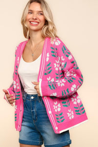 Floral Jacquard V-Neck Button Up Cardigan