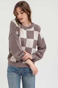 Warm Grey Checkered Crochet Sweater