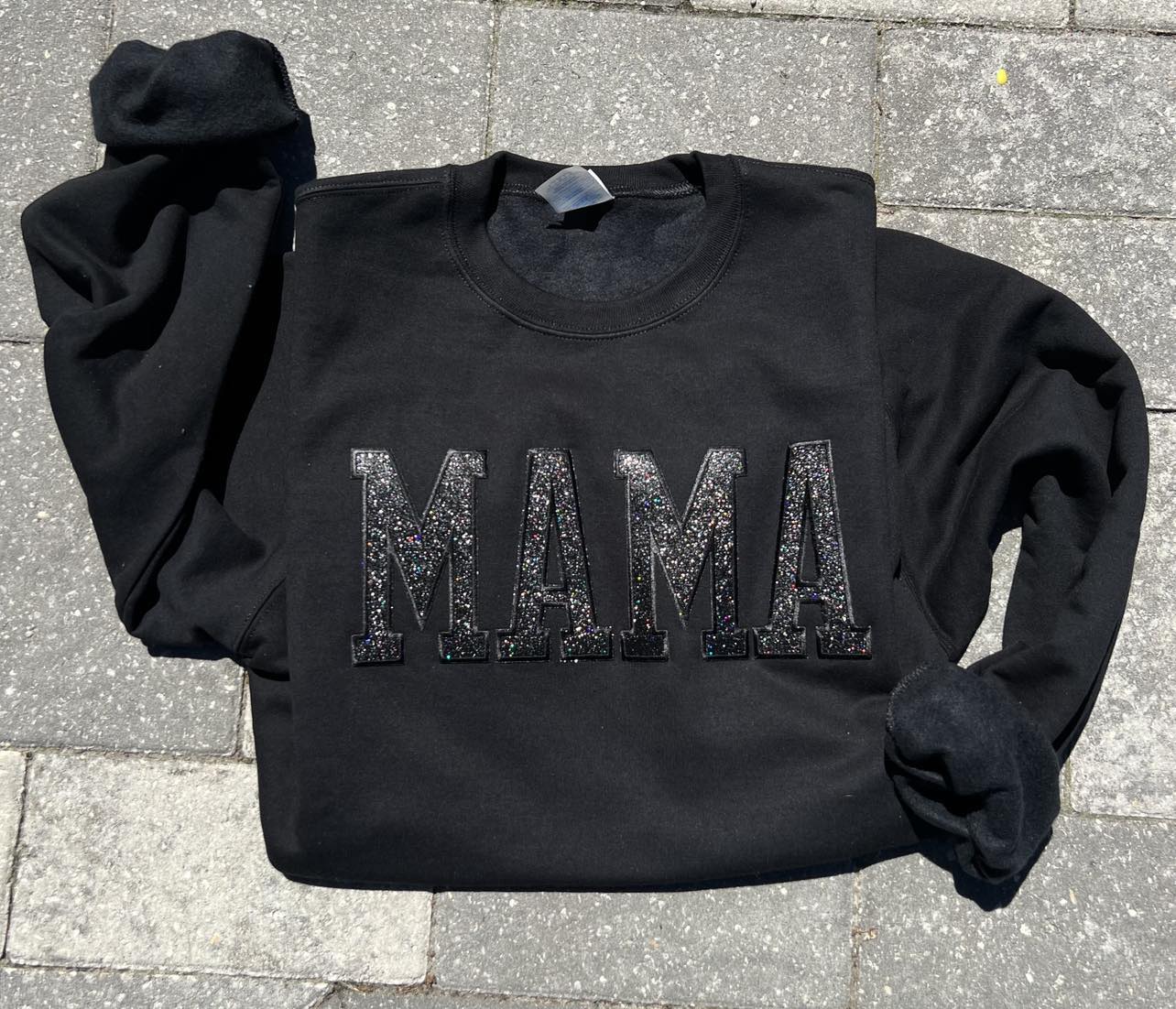 MAMA Glitter Embroidered Patch Sweatshirt in Black