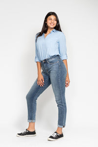 Destin Dark Wash High Rise Bleach Splash Boyfriend Jeans