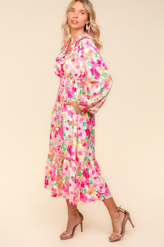 Floral Surplice Balloon Sleeve Dress with Side Pockets