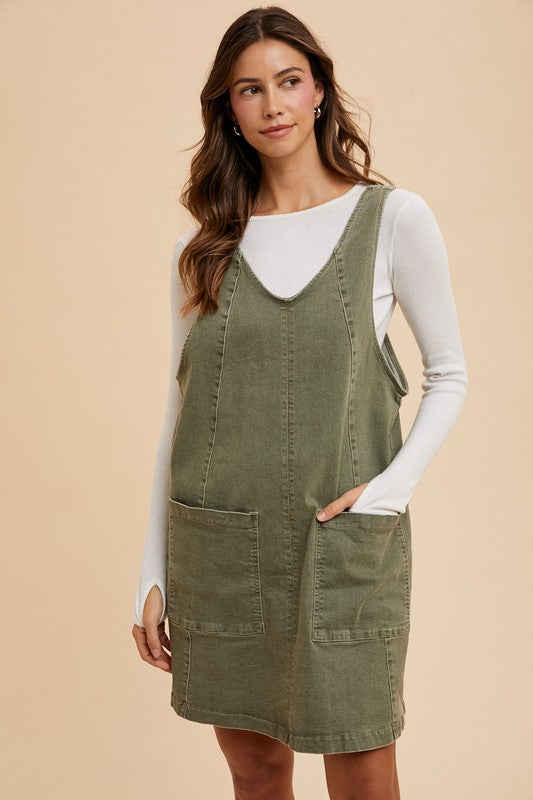 V-Neck Adjustable Strap Denim Overall Dress with Pockets