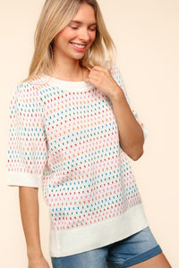 Round Neck Half Sleeve Multi Color Knit Top