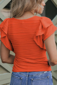 Textured Round Neck Cap Sleeve Top in Orange