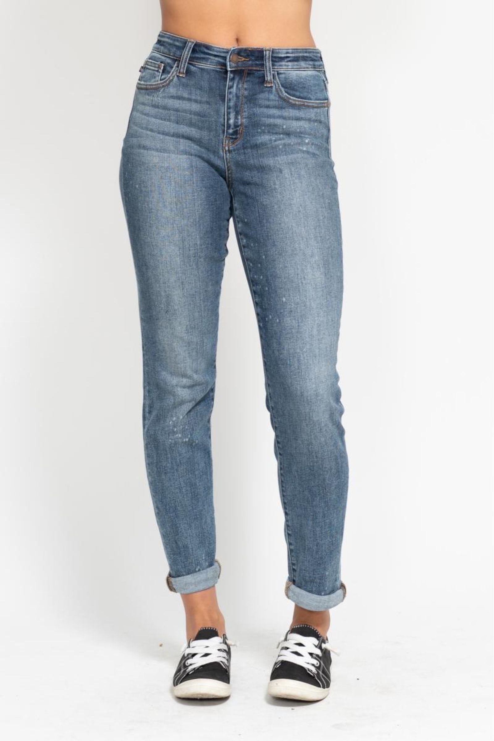 Destin Dark Wash High Rise Bleach Splash Boyfriend Jeans