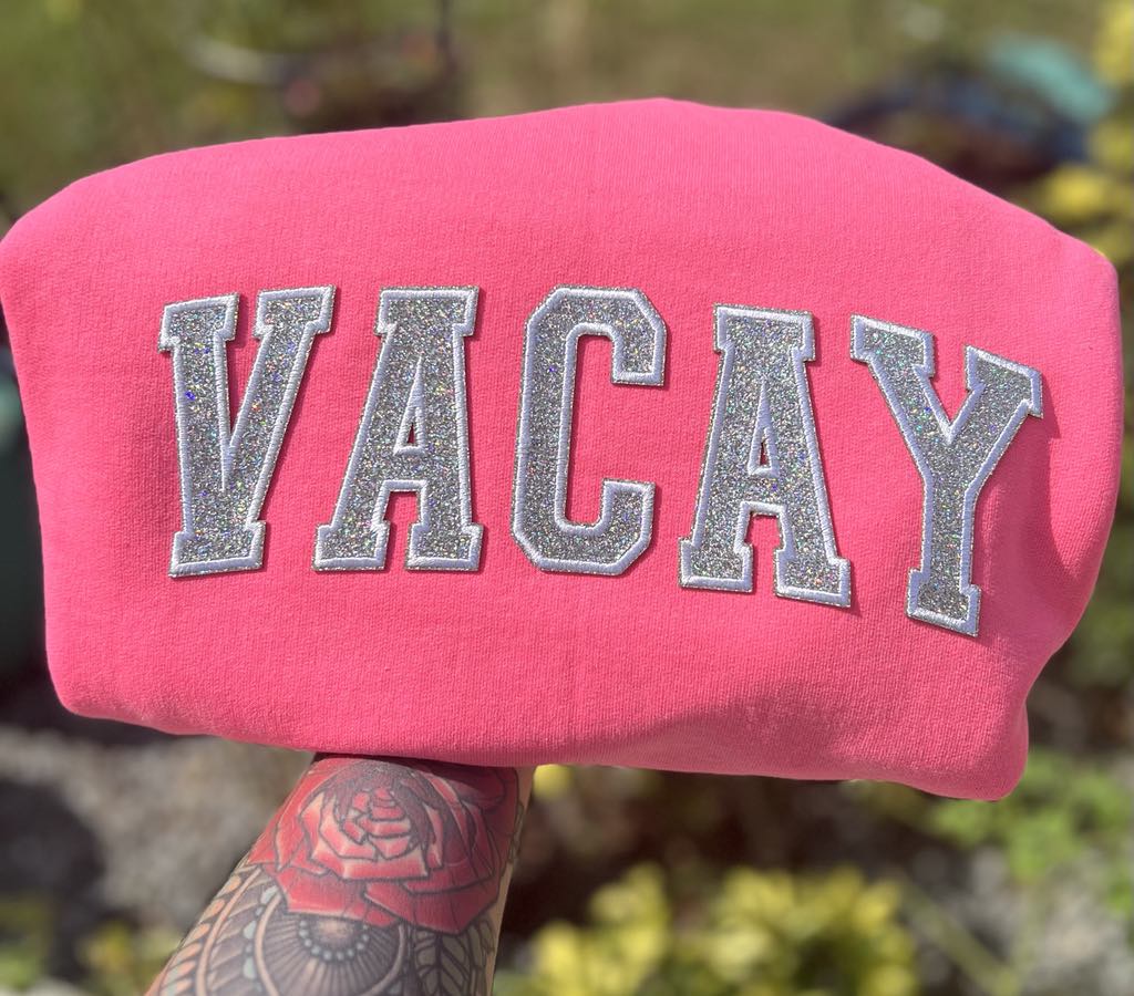 VACAY Glitter Embroidered Patch Neon Pink Tops