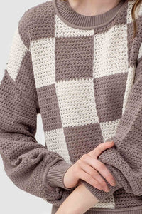 Warm Grey Checkered Crochet Sweater