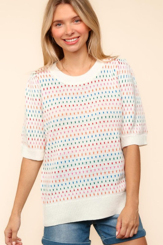 Round Neck Half Sleeve Multi Color Knit Top