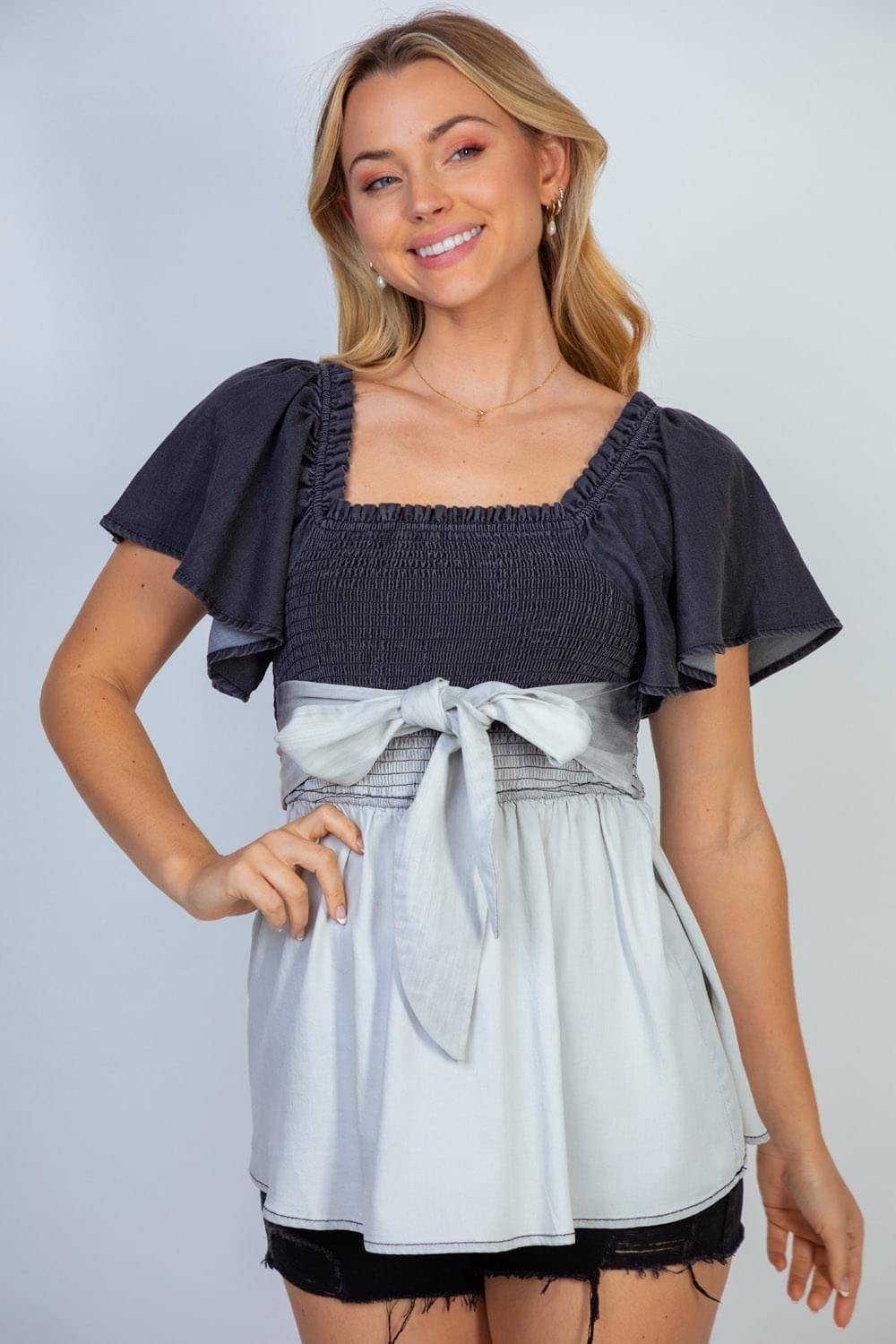 Ombré Smocked Ruffle Sleeve Top