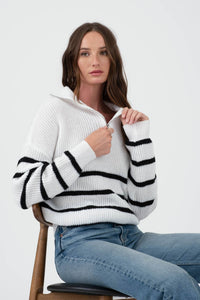 Ivory & Black Striped Quarter Zip Sweater