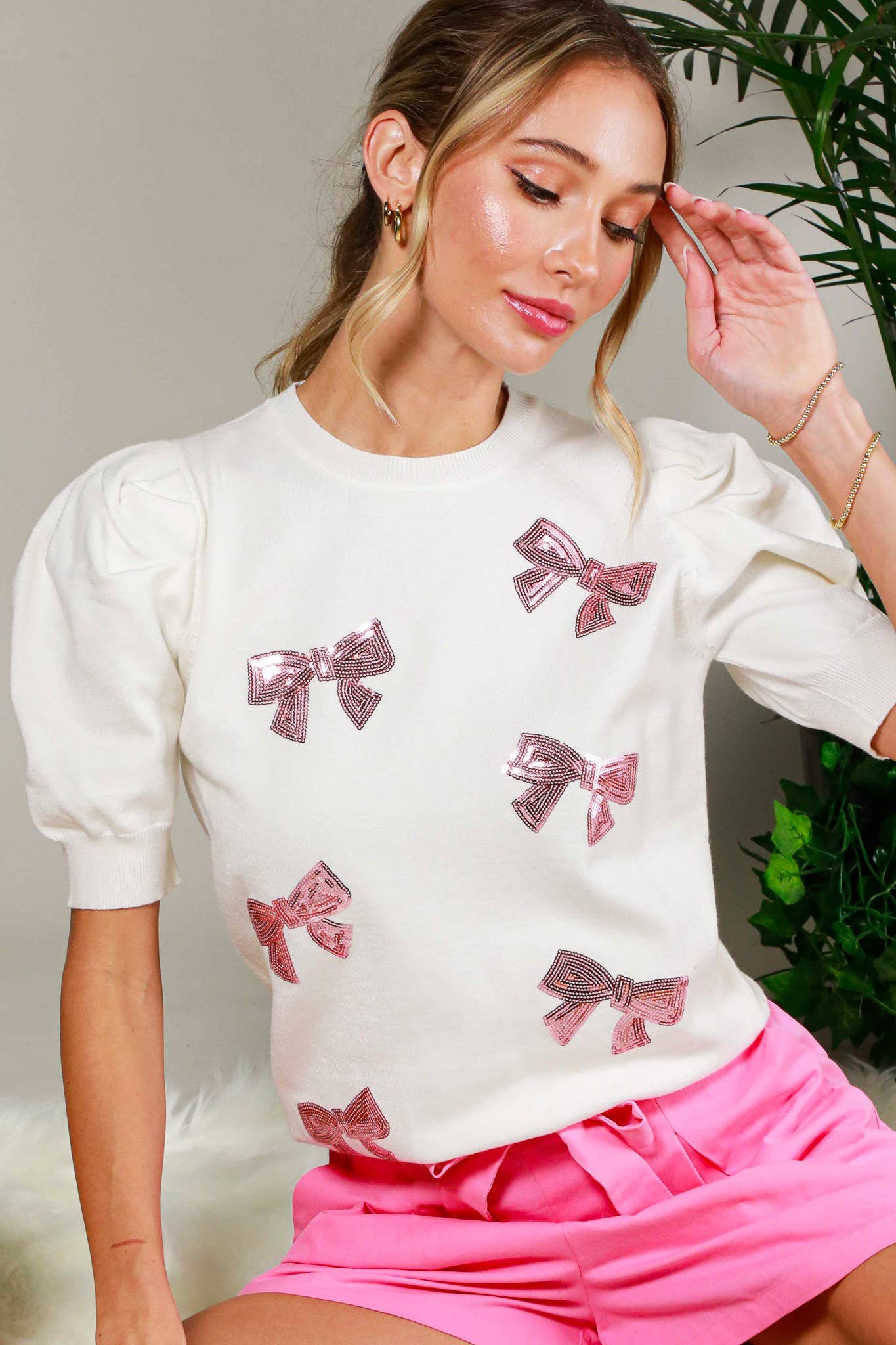 Embroidered Sequin Bow Sweater in White