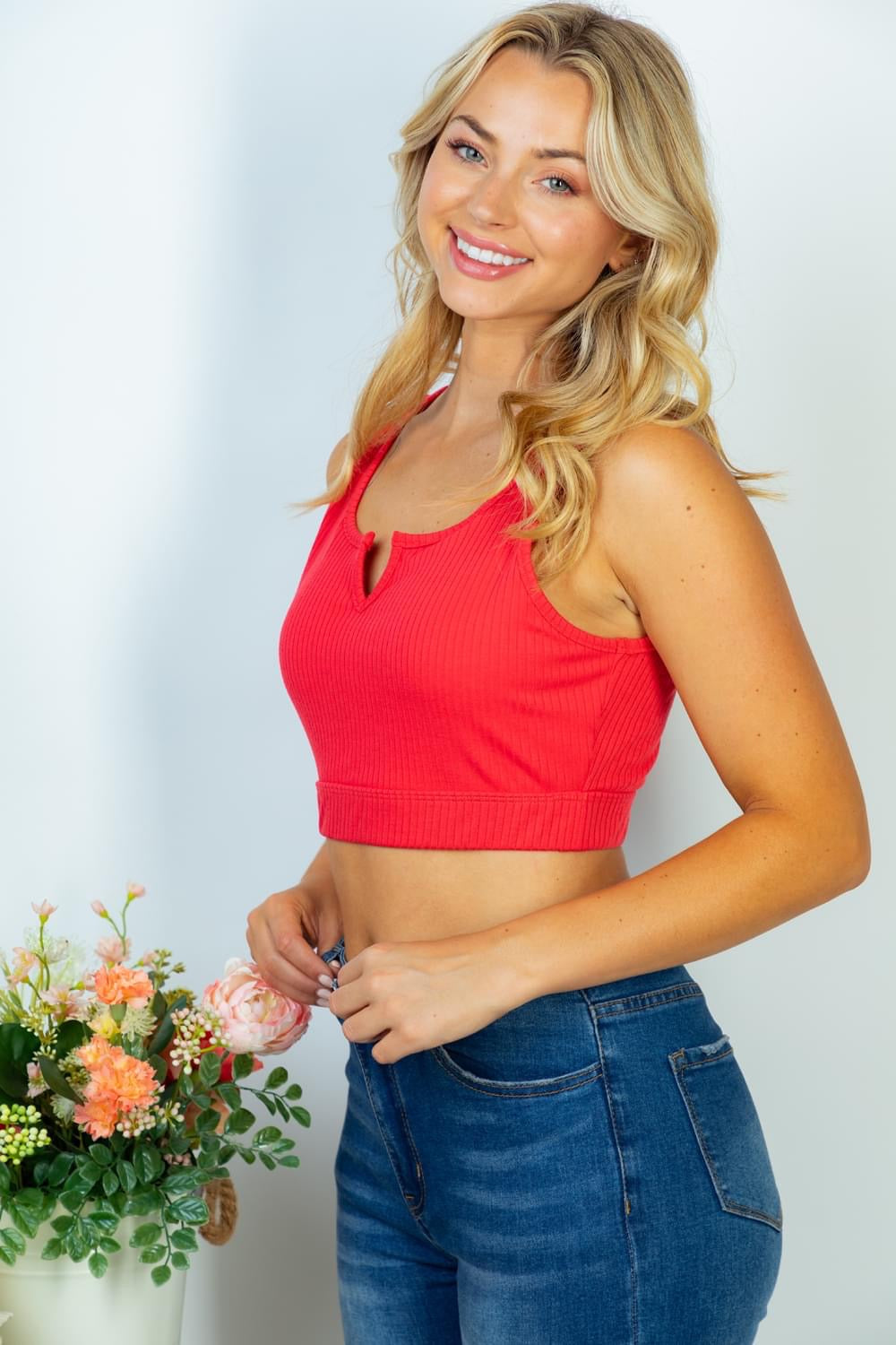 Notched Knit Bralette in Red