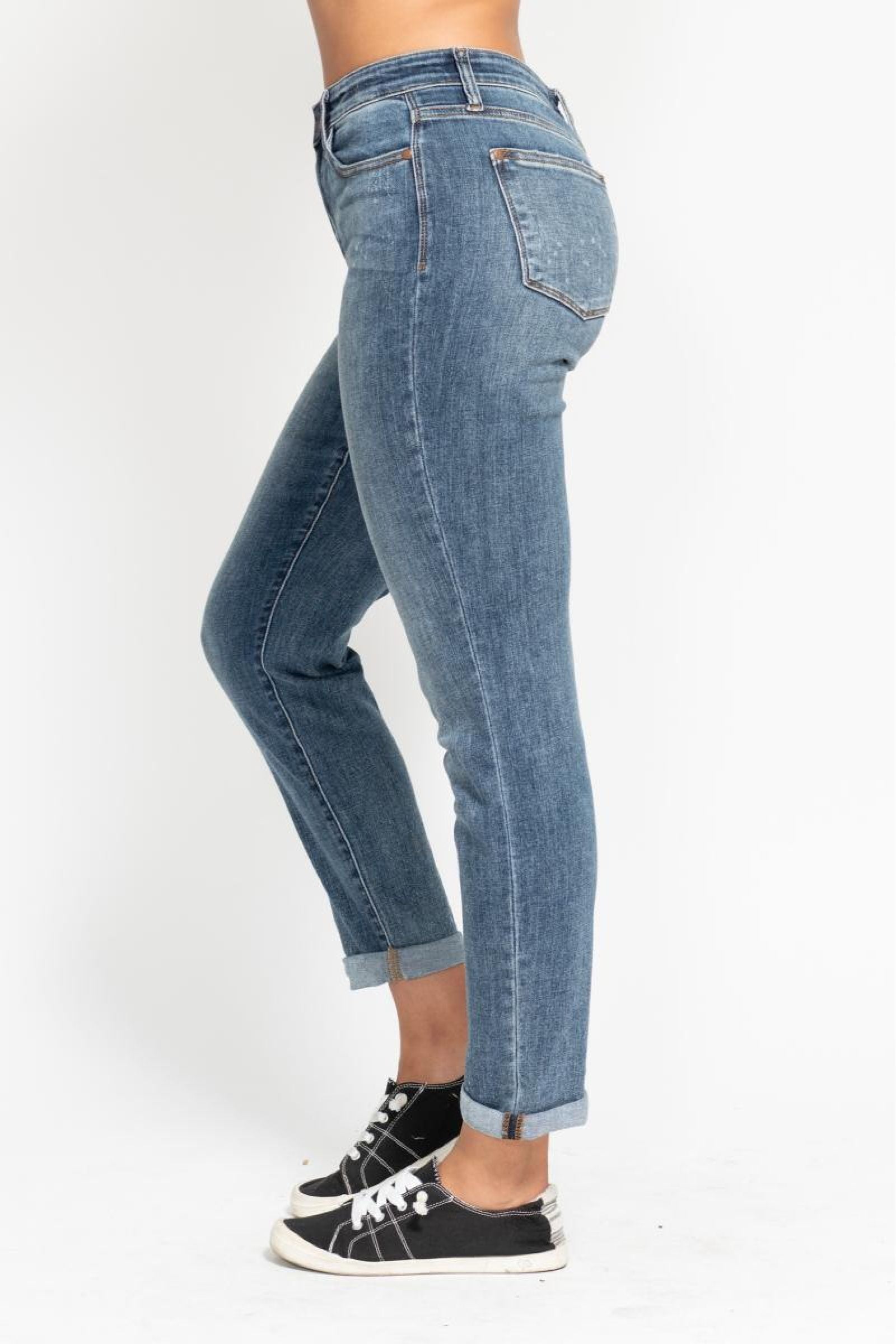 Destin Dark Wash High Rise Bleach Splash Boyfriend Jeans