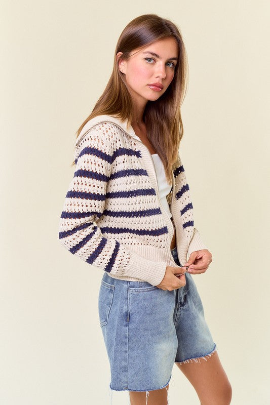 Navy Striped Pointelle Zip Up