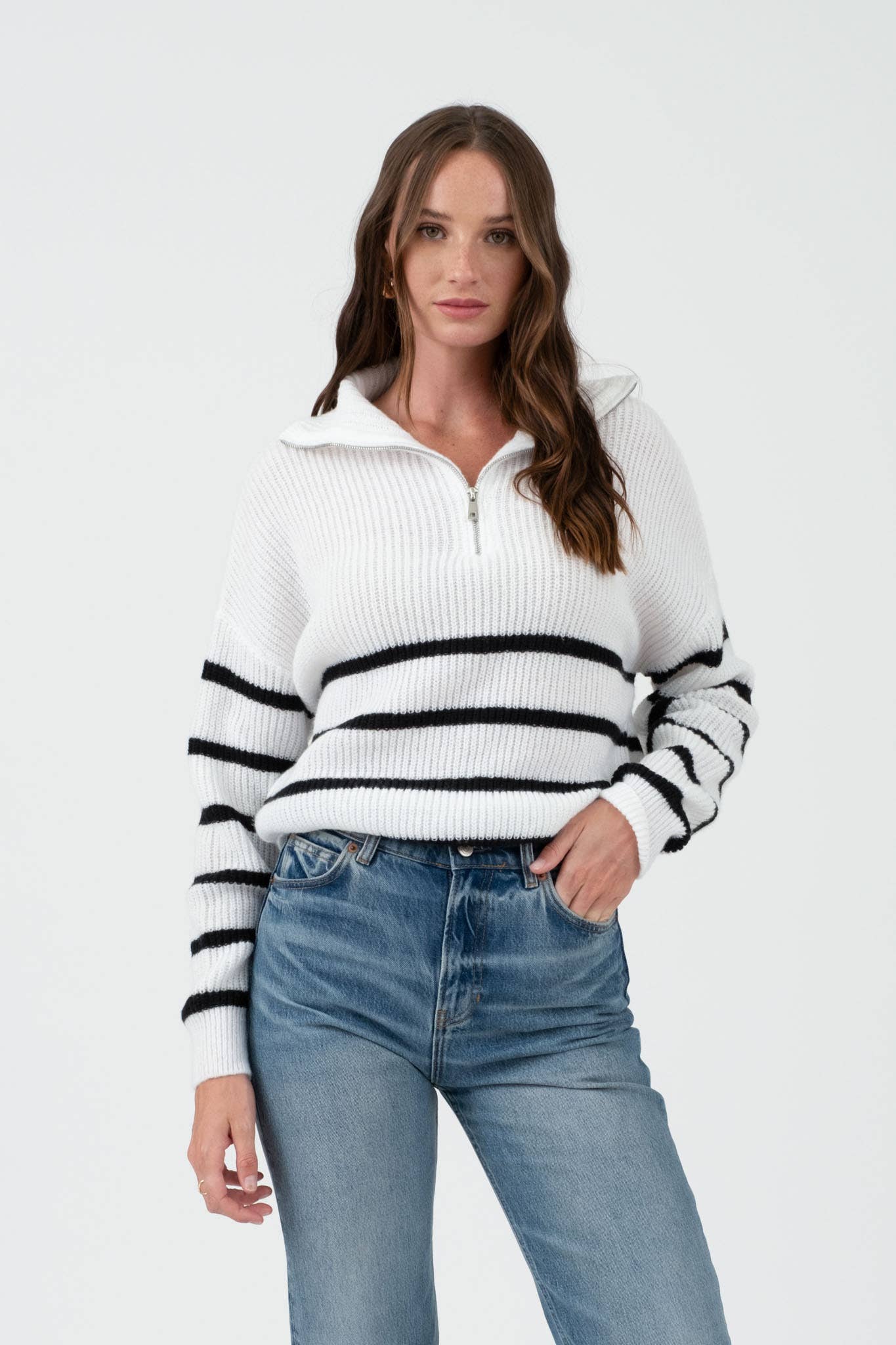 Ivory & Black Striped Quarter Zip Sweater