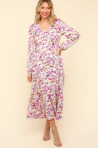 Floral V-Neck Long Sleeve Dress with Side Pockets