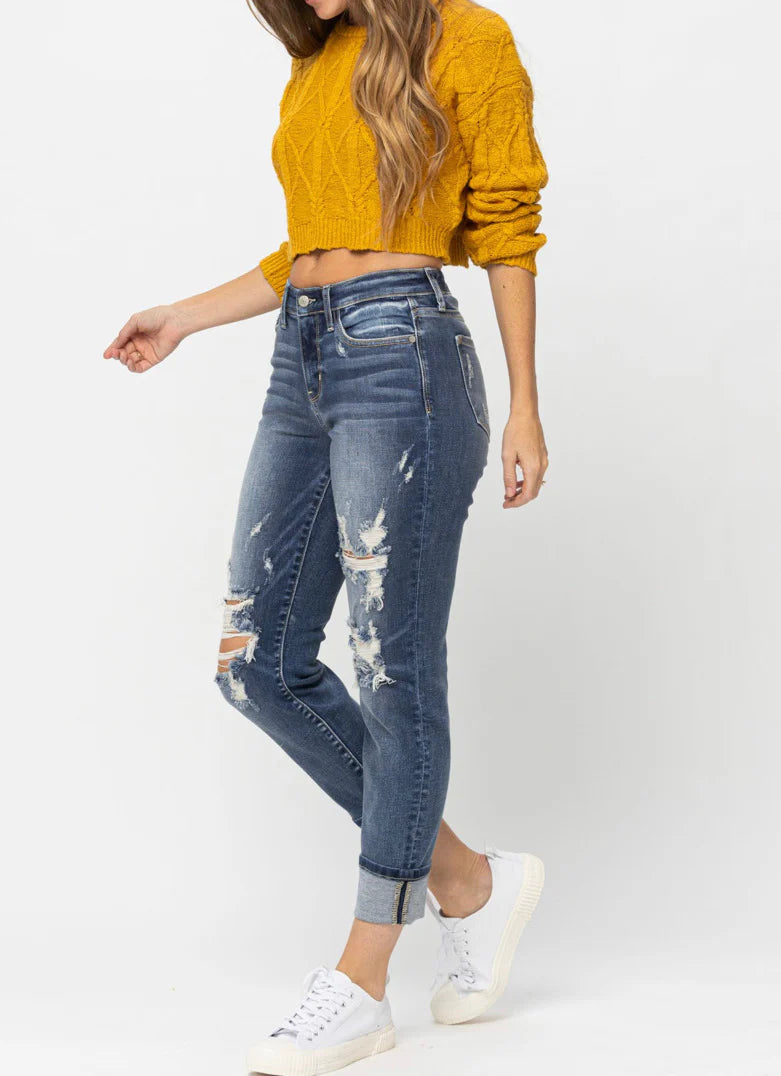 Danny Mid Rise Cuffed Destroyed Boyfriend Jeans