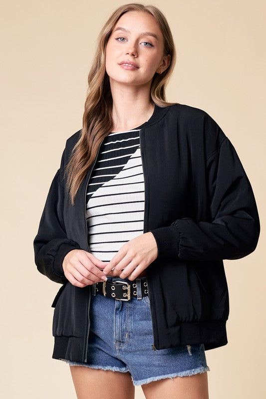 Drop Shoulder Bomber Jacket in Black