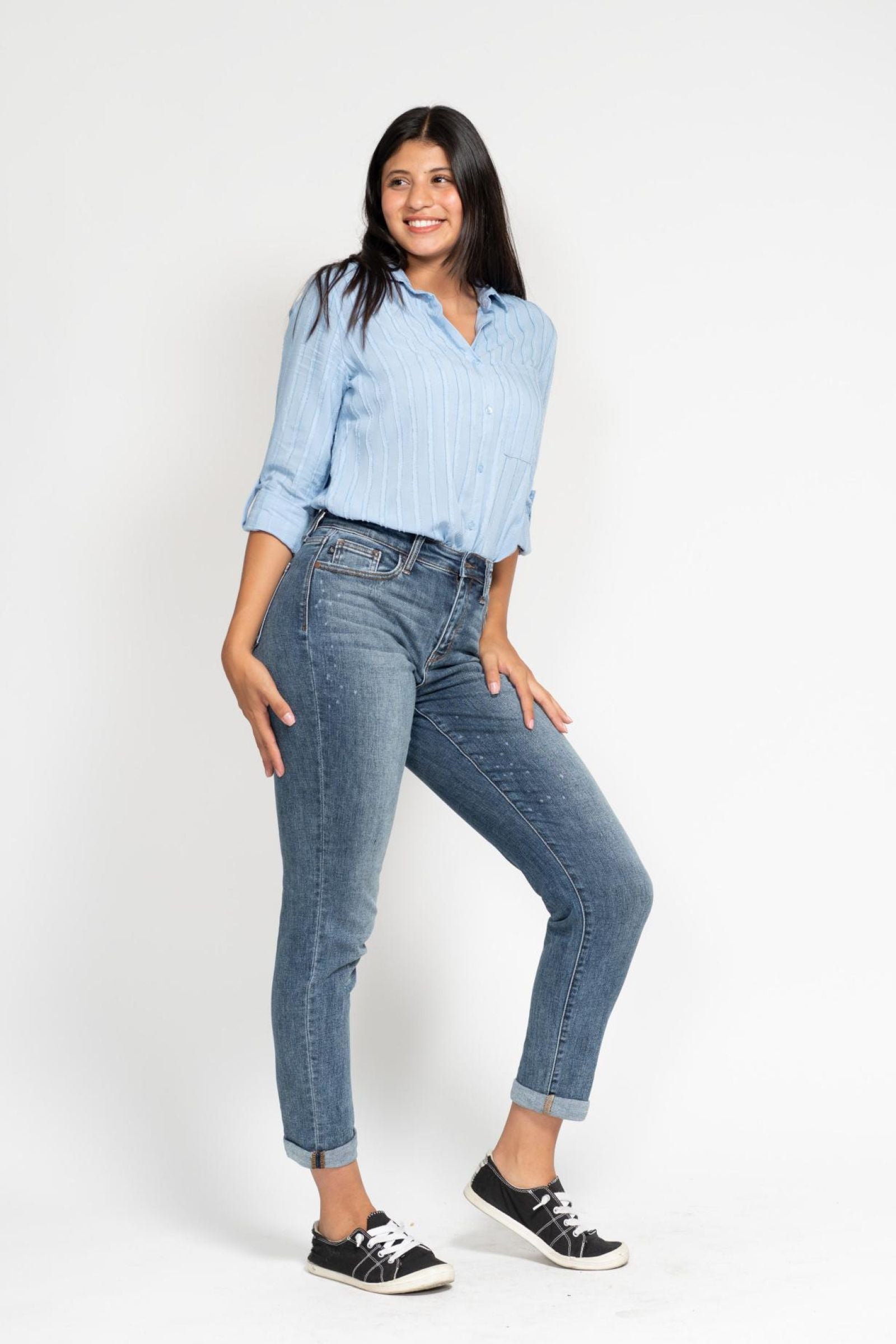 Destin Dark Wash High Rise Bleach Splash Boyfriend Jeans