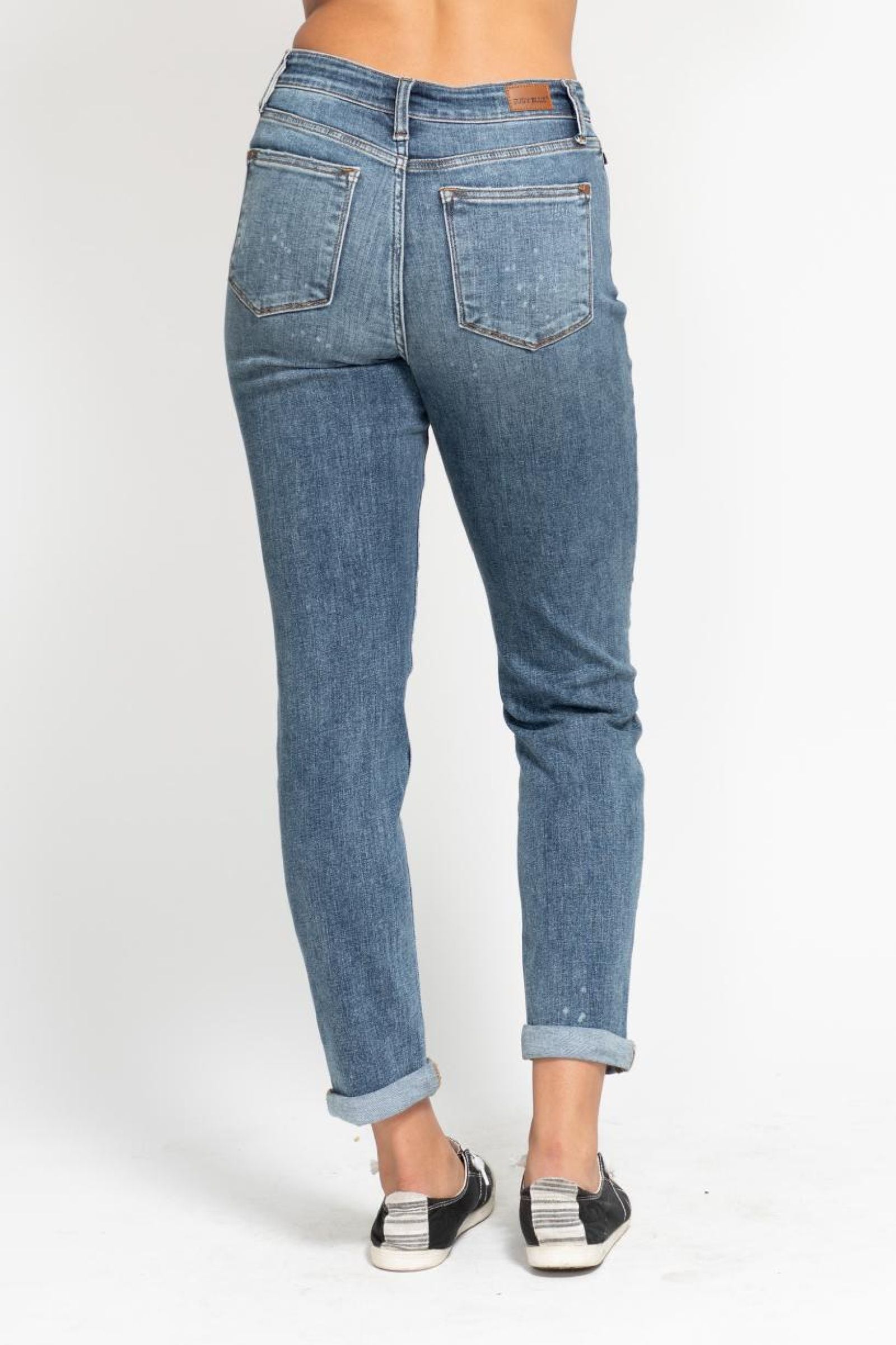 Destin Dark Wash High Rise Bleach Splash Boyfriend Jeans