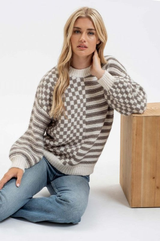 Olive Stripe & Checkered Knit Sweater