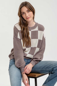 Warm Grey Checkered Crochet Sweater