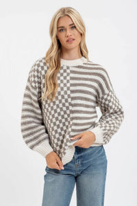 Olive Stripe & Checkered Knit Sweater