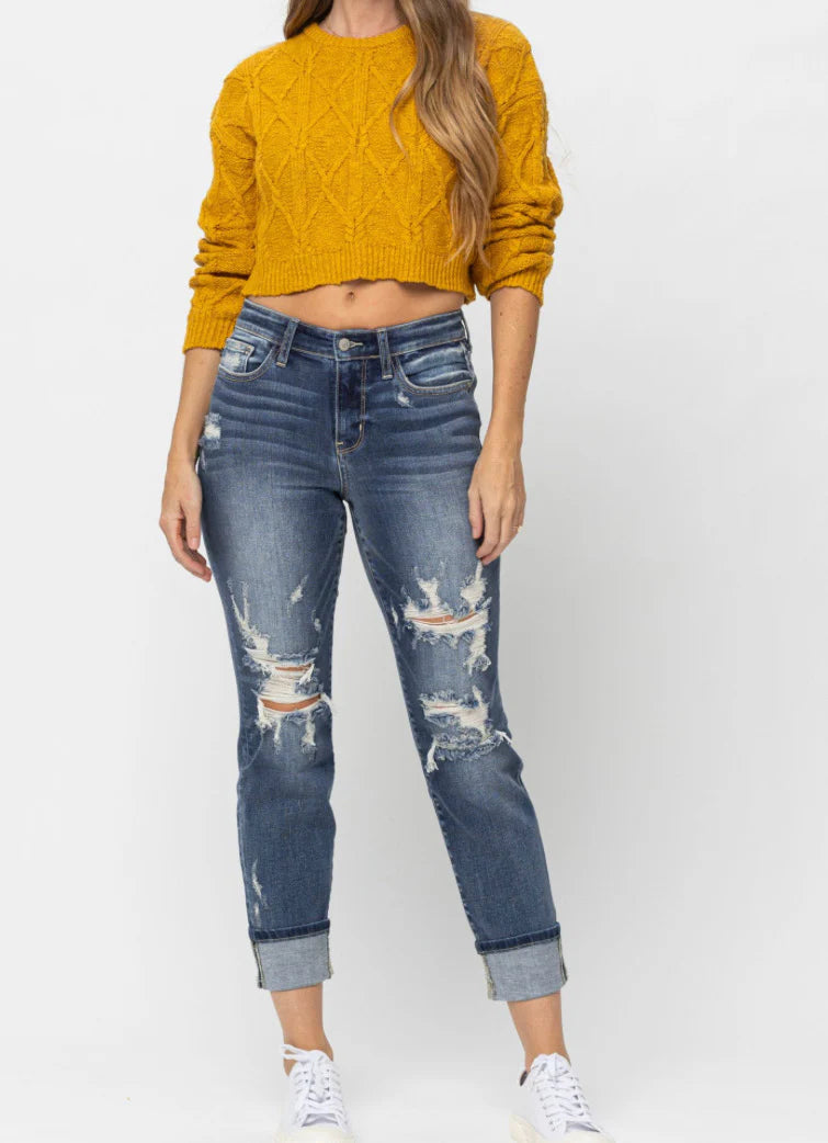 Danny Mid Rise Cuffed Destroyed Boyfriend Jeans