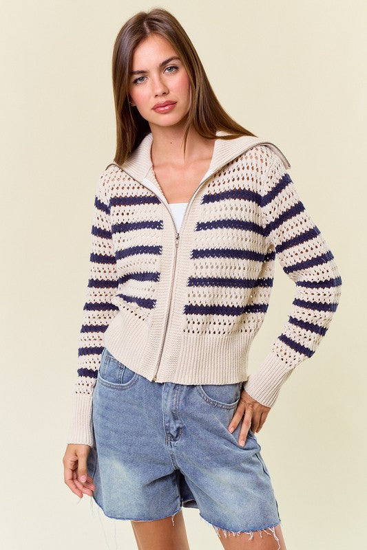 Navy Striped Pointelle Zip Up