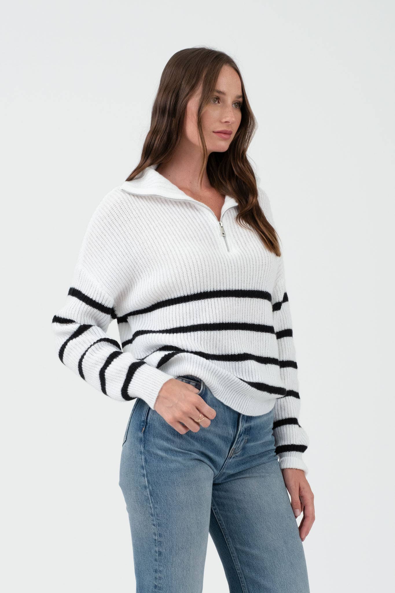 Ivory & Black Striped Quarter Zip Sweater