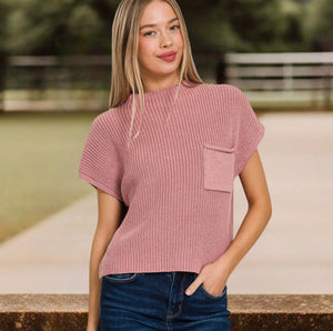 Short Sleeve Cropped Sweater In Rose