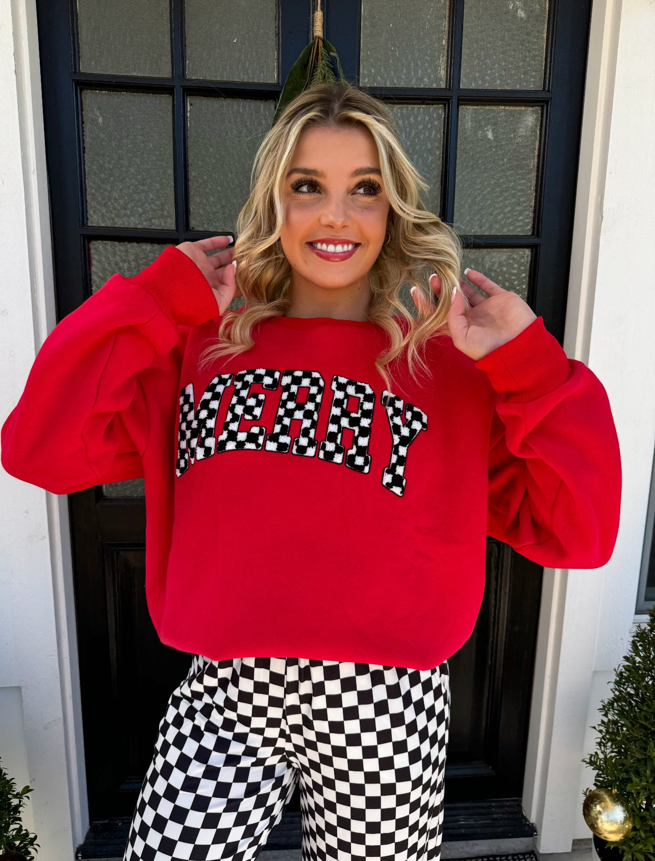 Merry Checkered Letter Sweatshirt