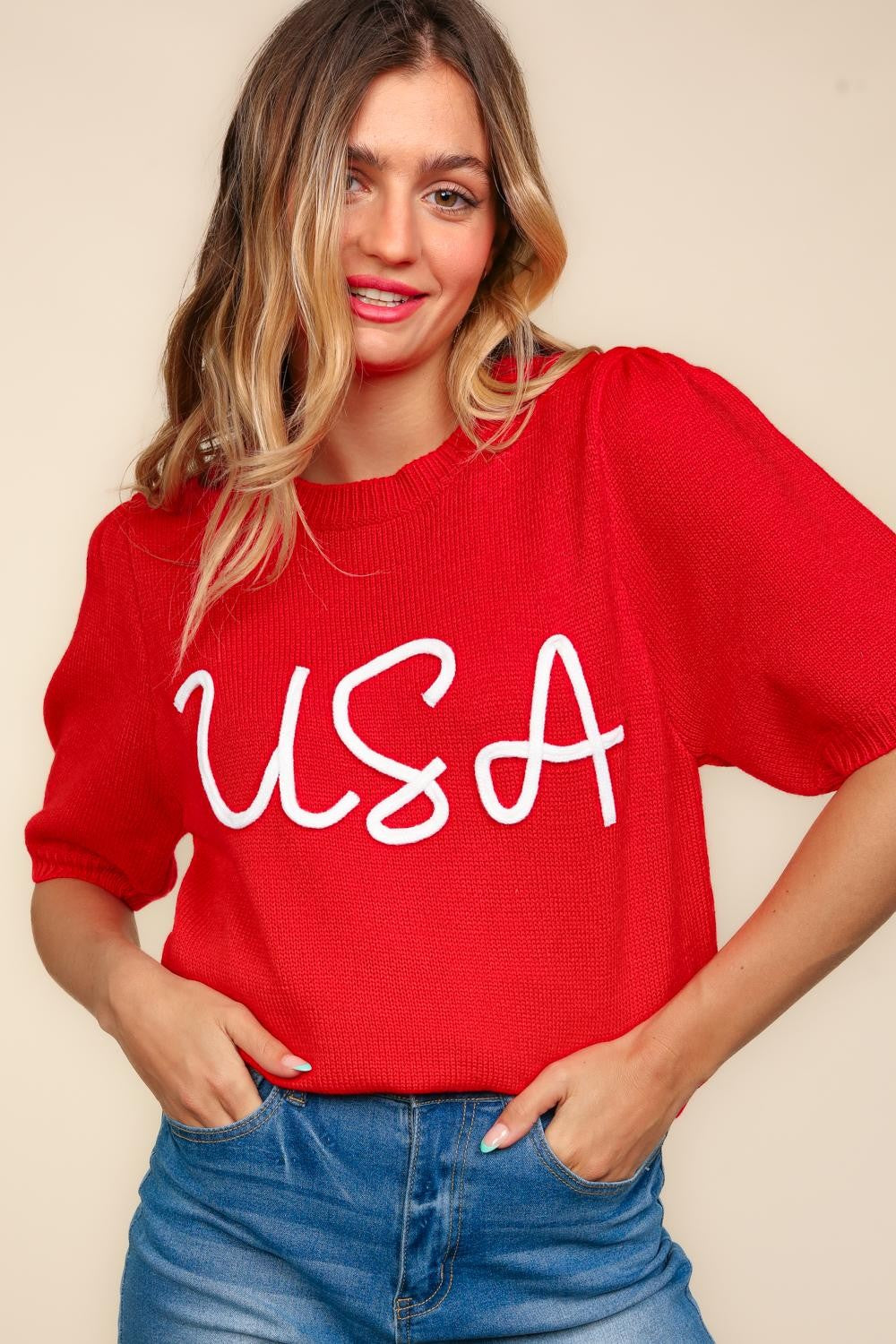 USA Embroidered Short Sleeve Knit Top