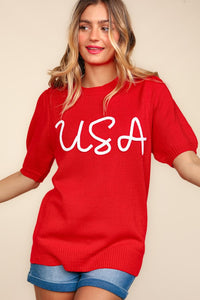 USA Embroidered Short Sleeve Knit Top