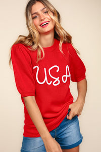 USA Embroidered Short Sleeve Knit Top