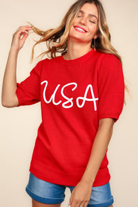 USA Embroidered Short Sleeve Knit Top