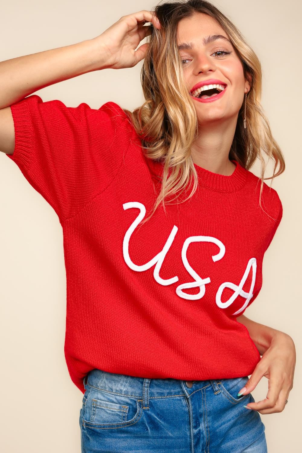 USA Embroidered Short Sleeve Knit Top