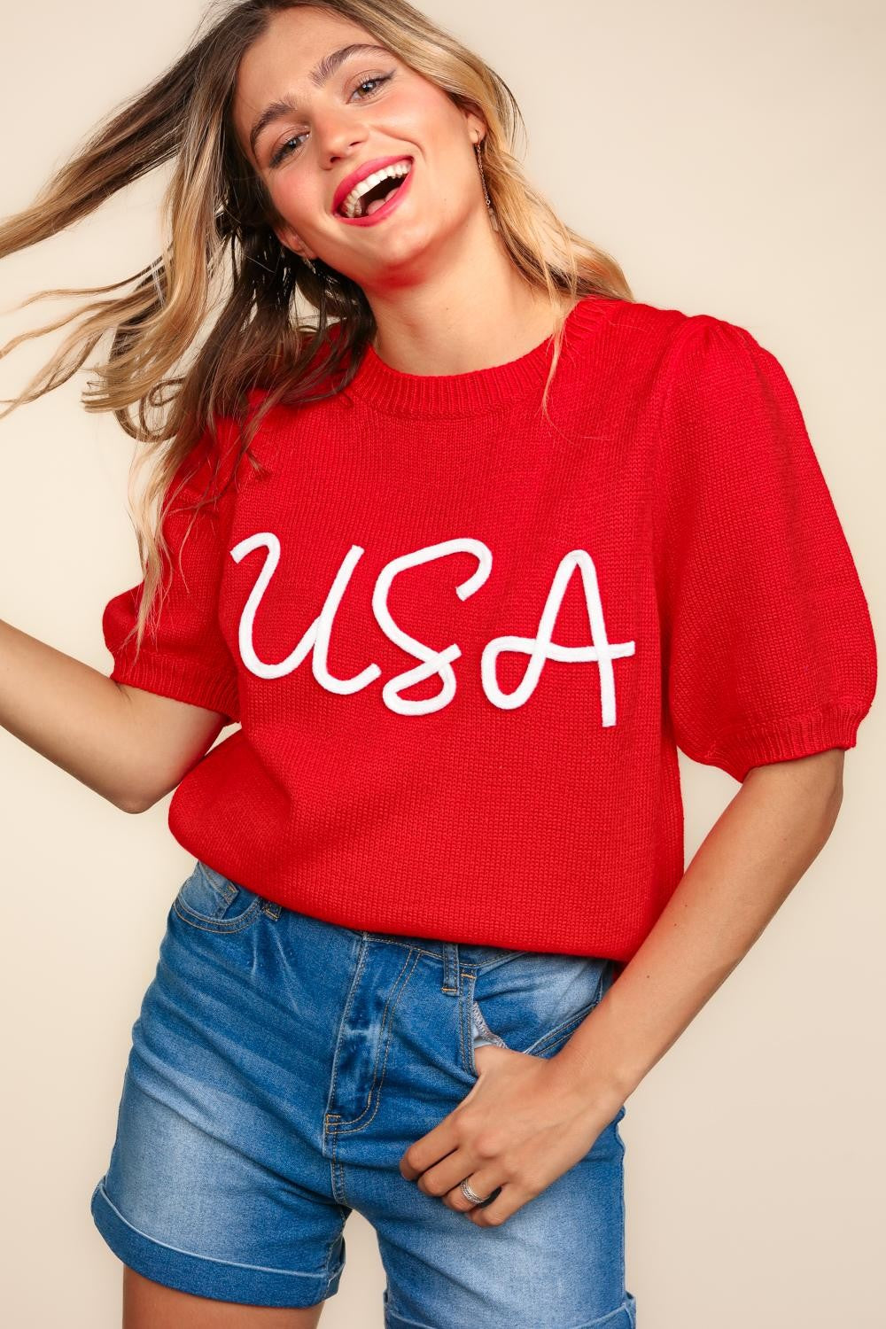 USA Embroidered Short Sleeve Knit Top