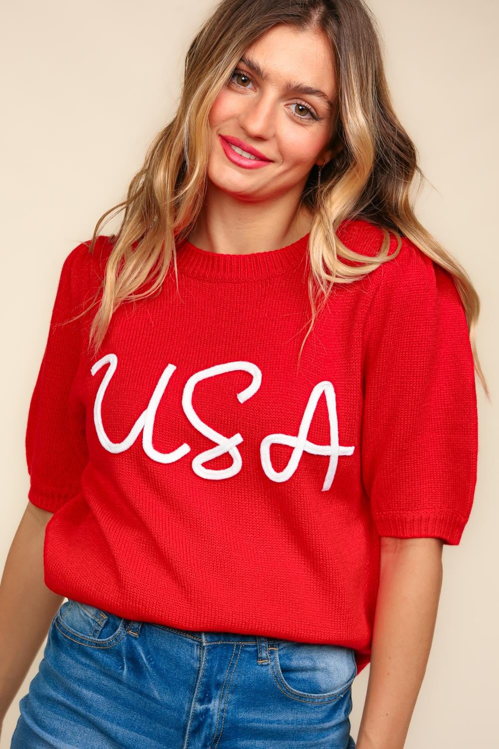 USA Embroidered Short Sleeve Knit Top